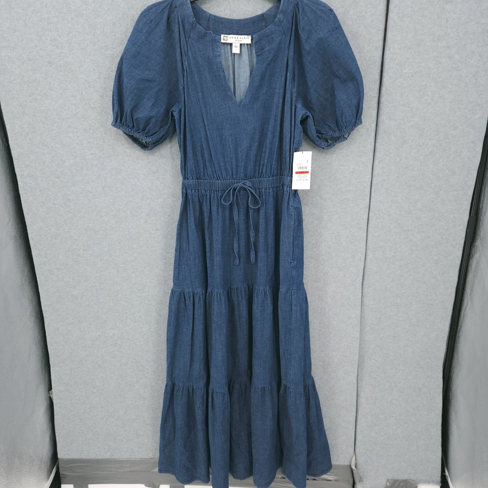 Anne Klein Jeans Puff Sleeve Tiered Denim Midi A Line Dress Womens Size XS NWT